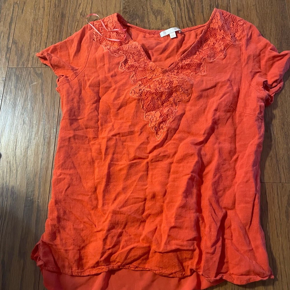 Skies Are Blue Vibrant Orange Lace Blouse